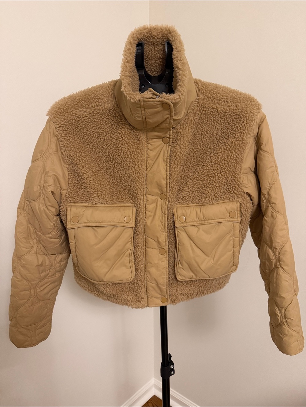 Athleta Quilted Sherpa Crop Jacket in Camel